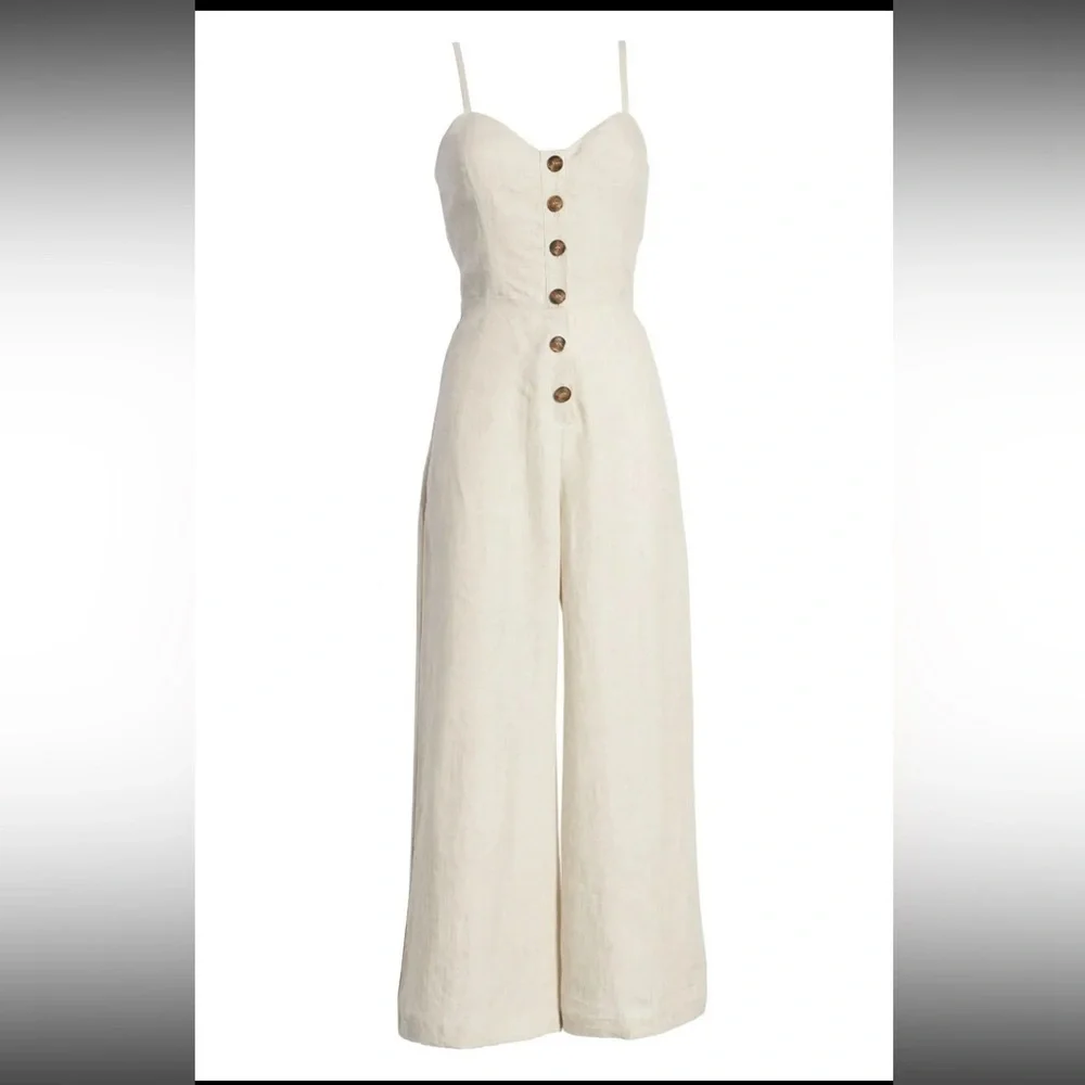 REFORMATION Sand Beige TORTA Linen Button-Down Front V-Neck Pants Jumpsuit